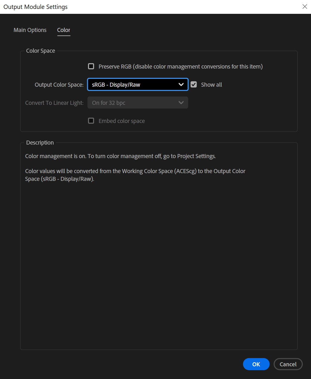 After Effects export color settings